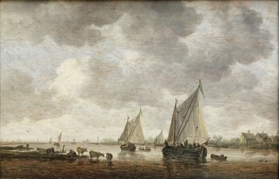 Two Large Sailing Boats on a River and Cattle Near the Shore by Jan Josephsz van Goyen